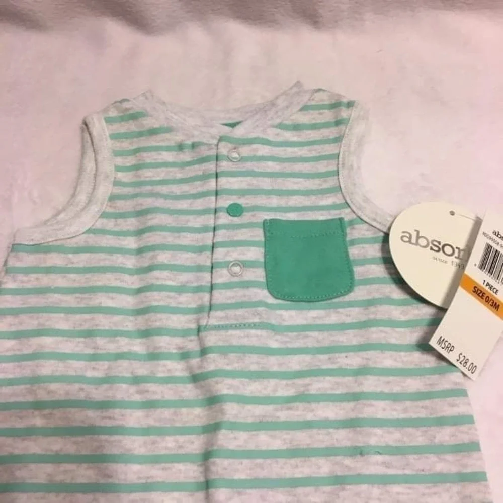 Absorba Romper Baby Boys 0-3M Gray New‎ NWT Striped Sleeveless Henley One Piece